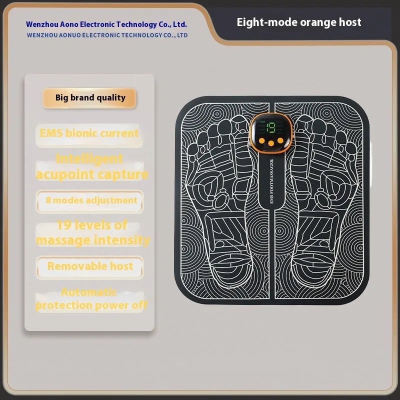 Rechargeable reflexology foot massager mat with remote control on a wooden floor.