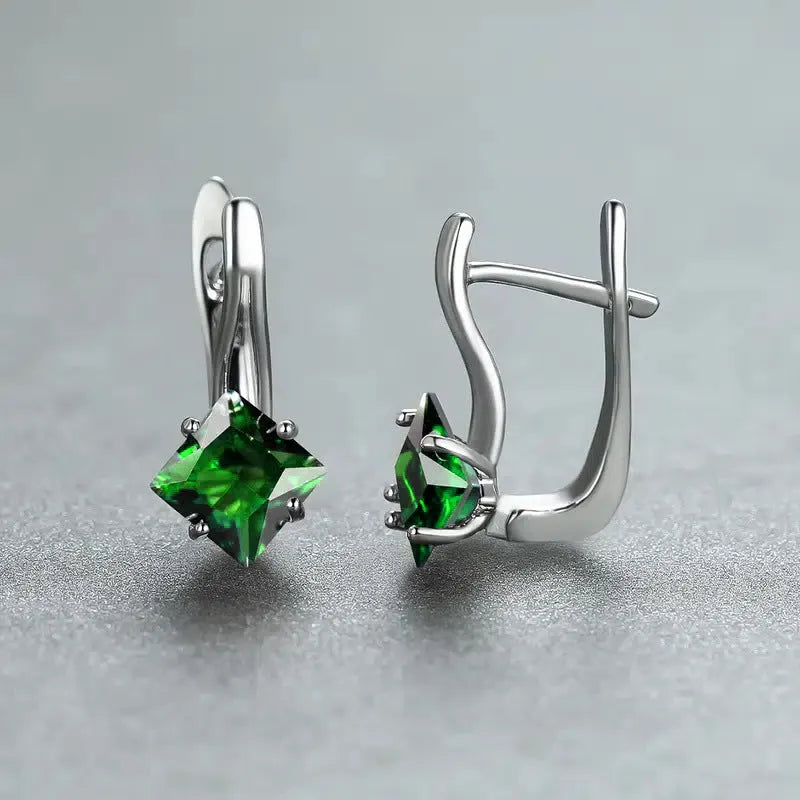 Copper diamond design earrings with inlaid zircon stones in blue, green and colour variations