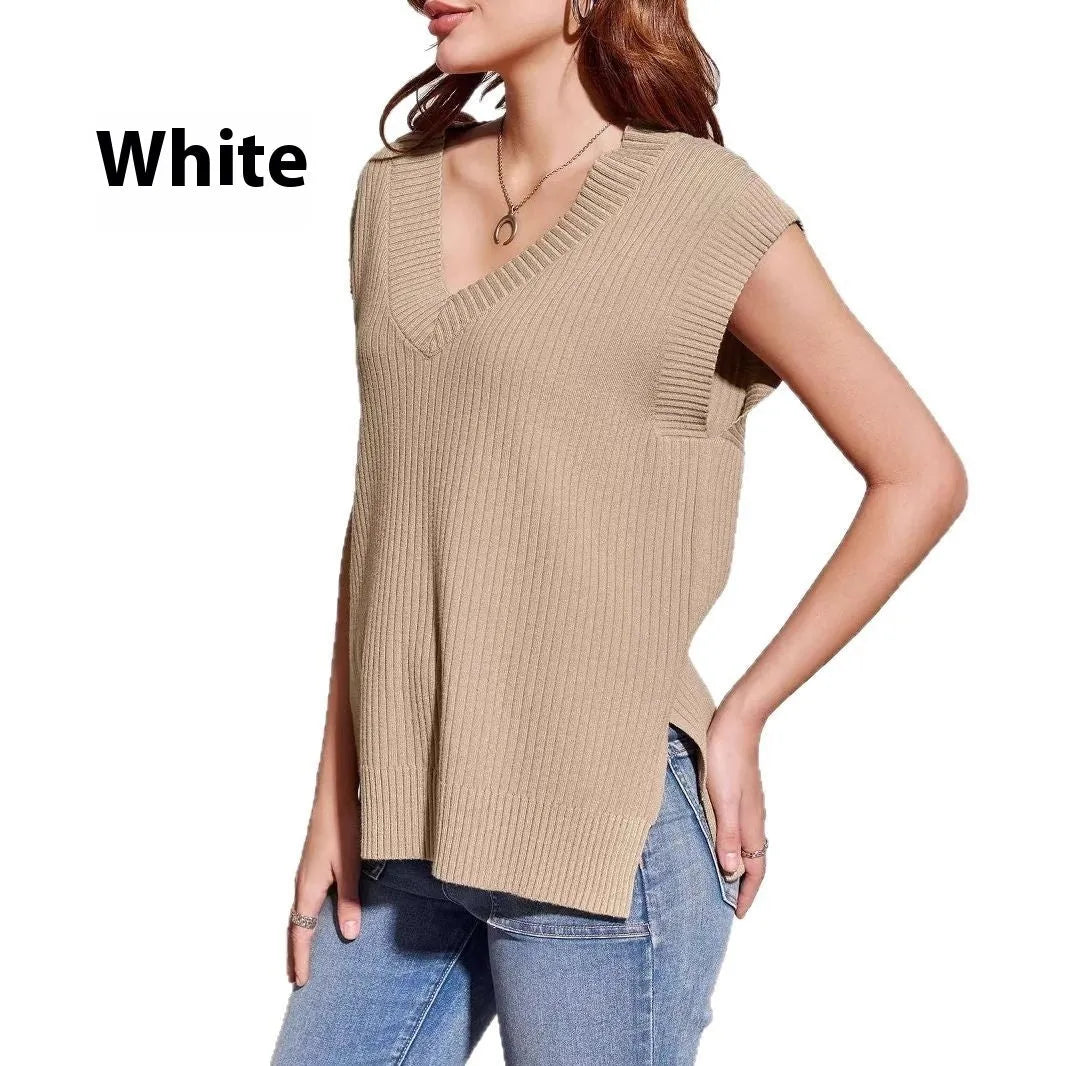 Women's camel and white V-neck sleeveless pullover vest in loose casual fit