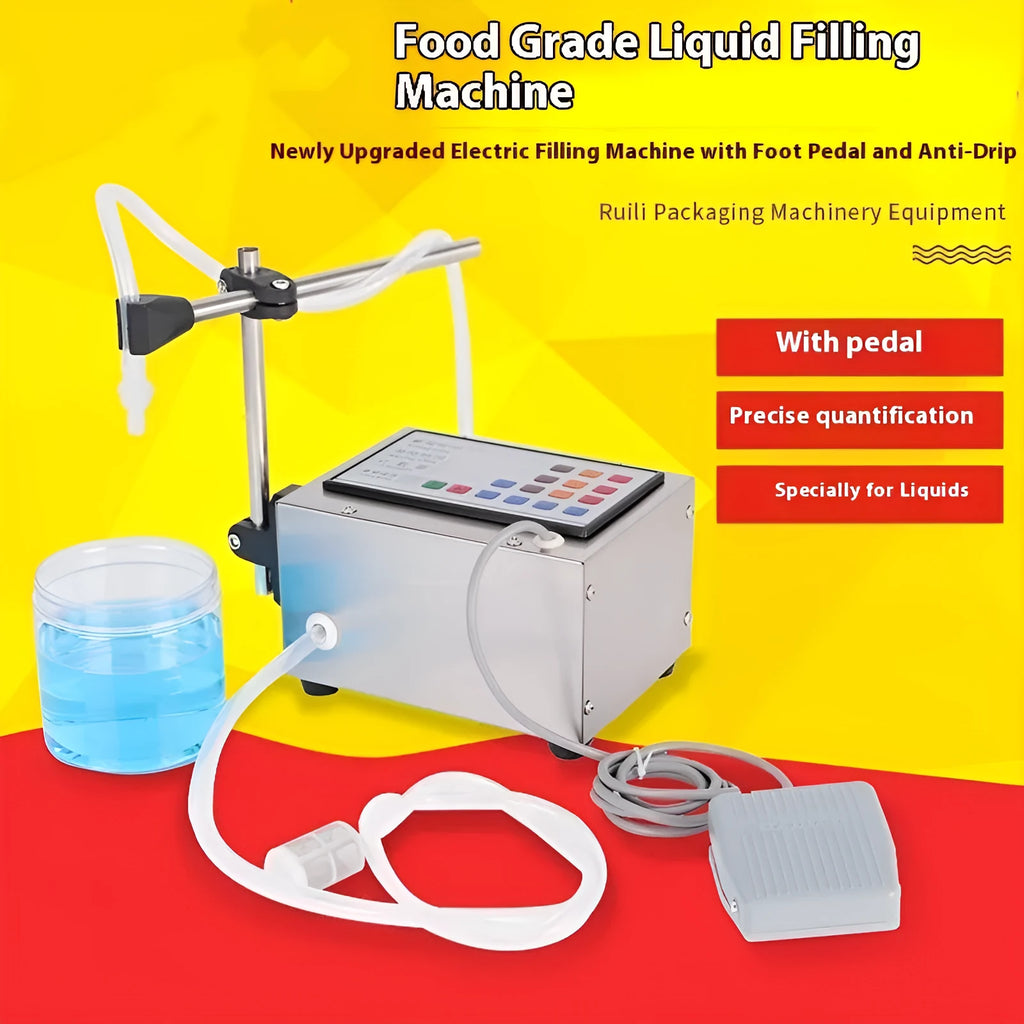 CNC quantitative liquid filling machine with automatic dispenser and control panel on grey industrial unit