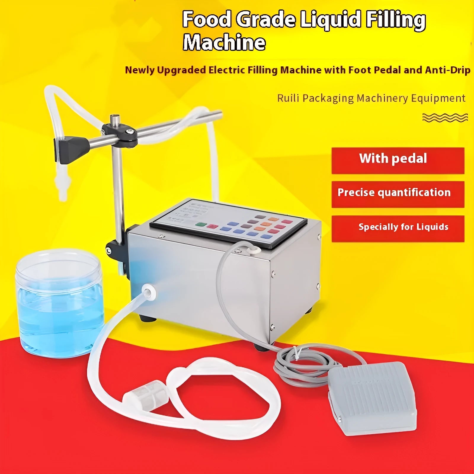 CNC quantitative liquid filling machine with automatic dispenser and control panel on grey industrial unit
