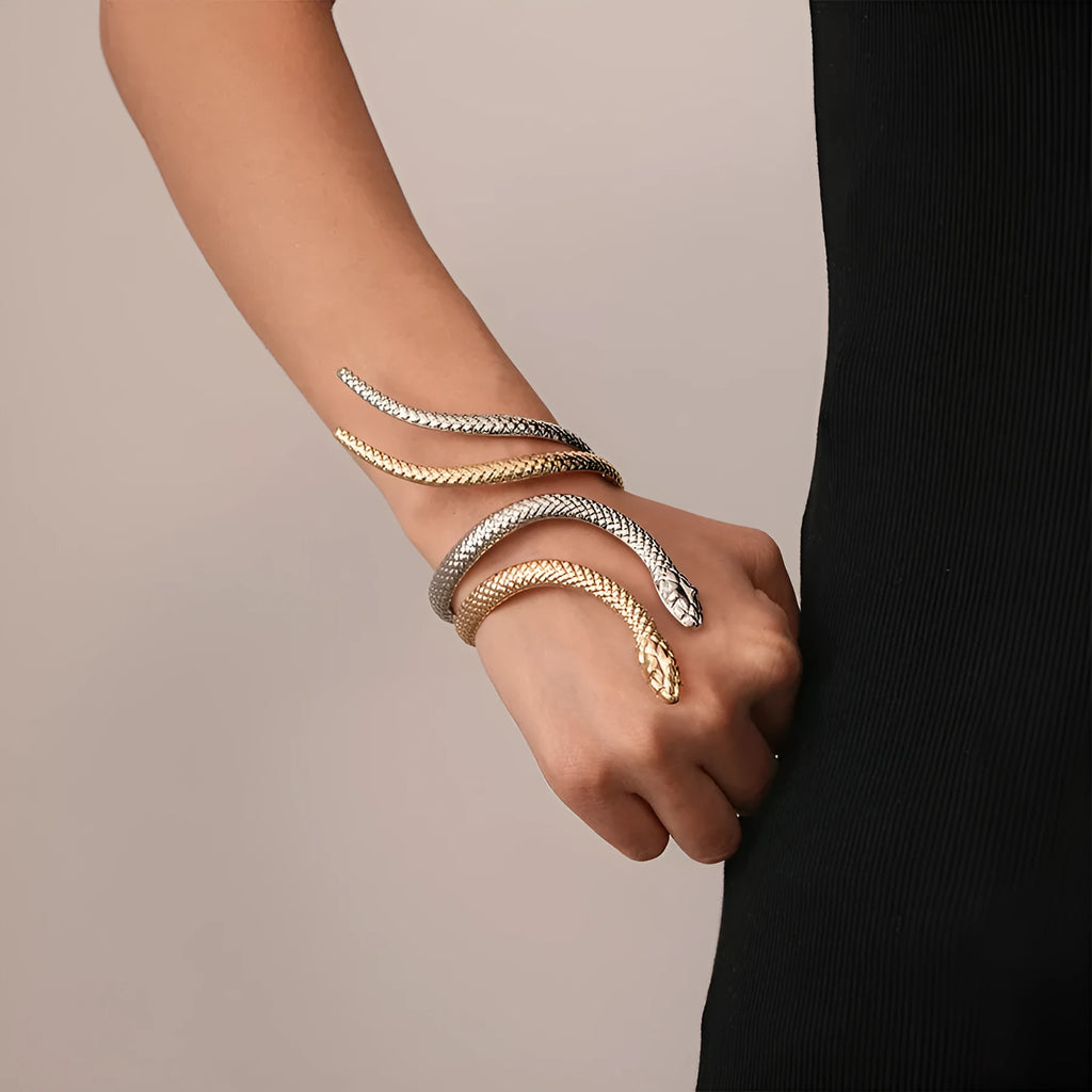 Gold electroplated twisted snake design ring and bracelet set with adjustable fastening