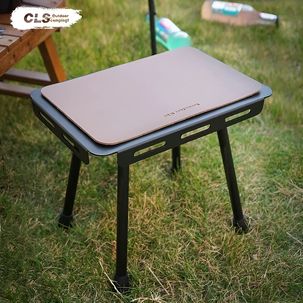 CLS aluminium folding table shown as a camping stool and converted into a raised mini table with retractable legs.