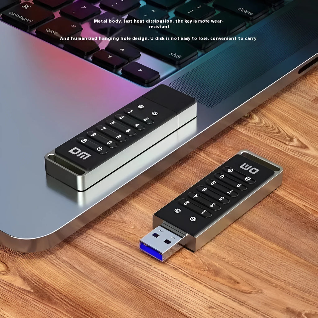 64GB metal USB flash drive with fingerprint scanner for encryption security.