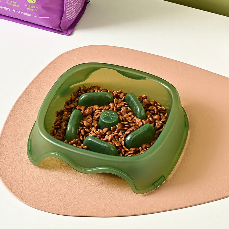 Plastic slow feed anti-choking dog bowl in blue, grey, green, or orange colour