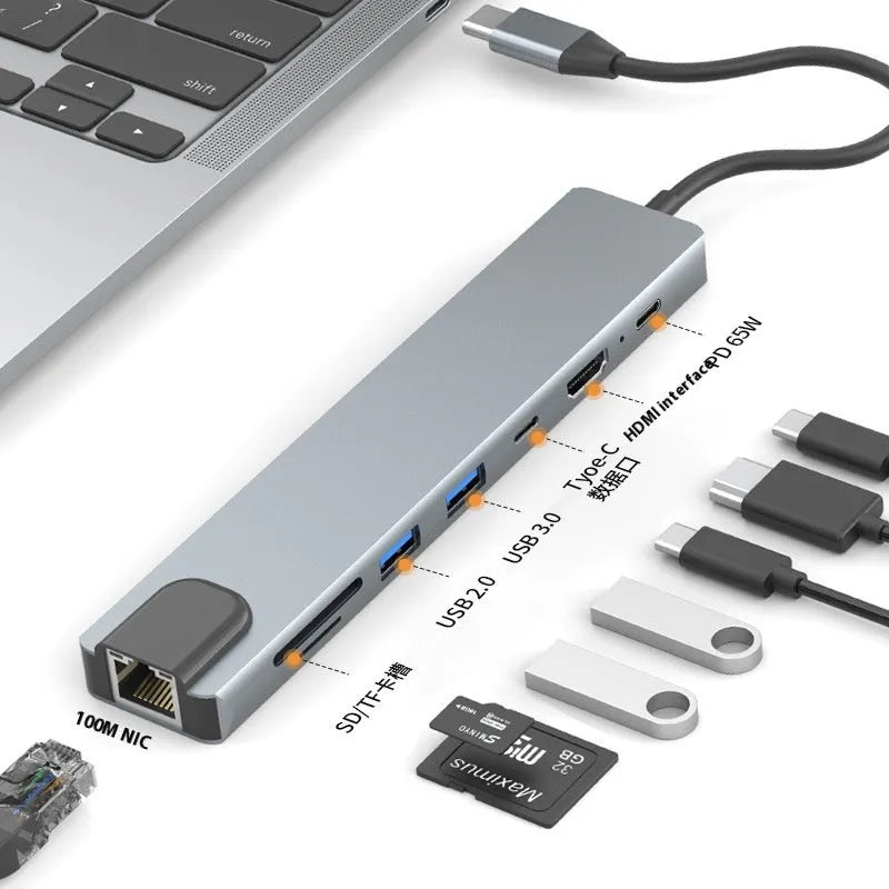 USB-C 7-in-1 expansion dock with HDMI port, USB 3.0 ports, and card readers connected to laptop