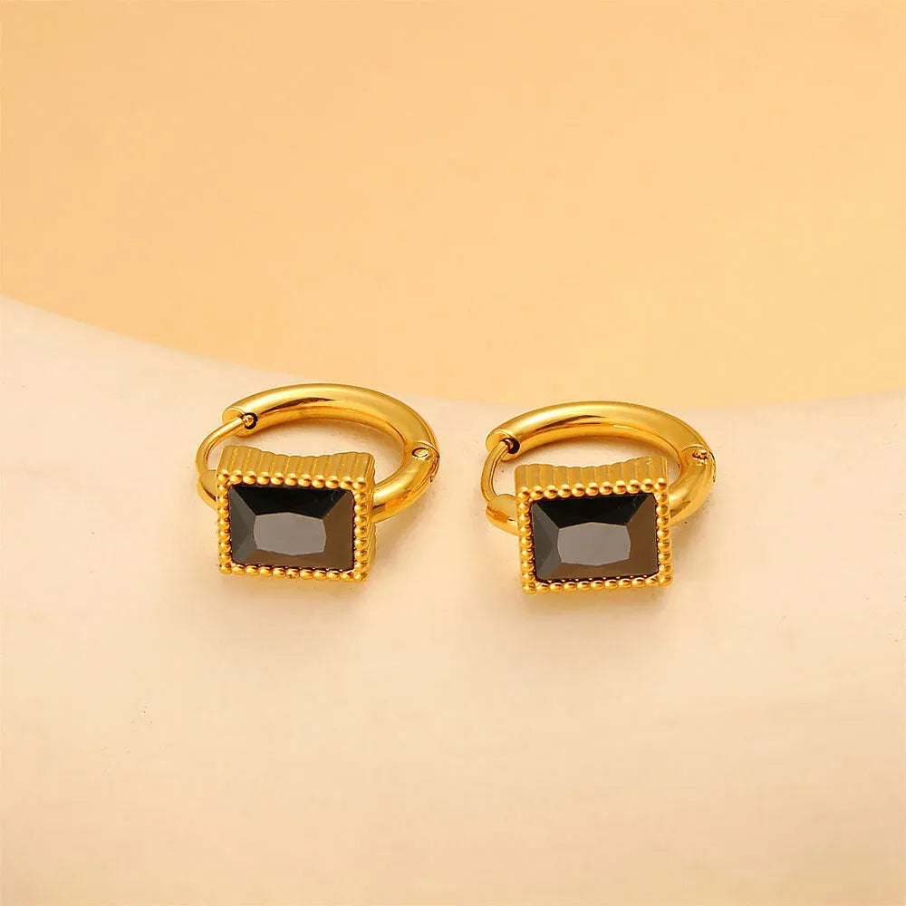Square geometric design stainless steel earrings with zircon accents in white, black, and green colours.