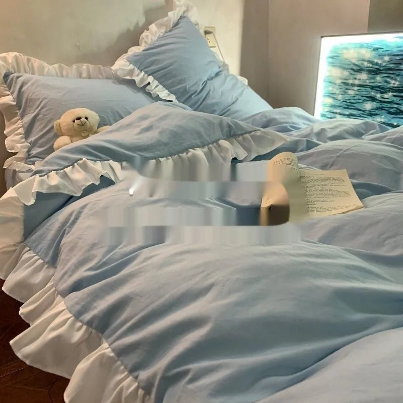 Mori style solid colour linen four-piece bedding set with quilt cover, sheet, and pillowcases.