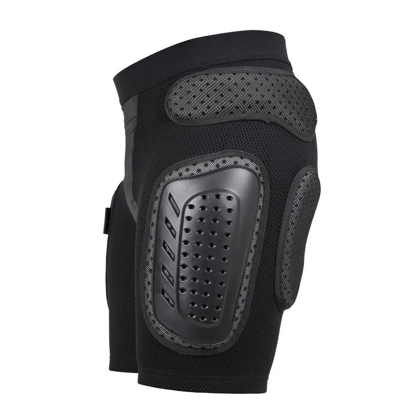 Black cycling hip protection pants with foam padding in hip area showing unisex sizing options