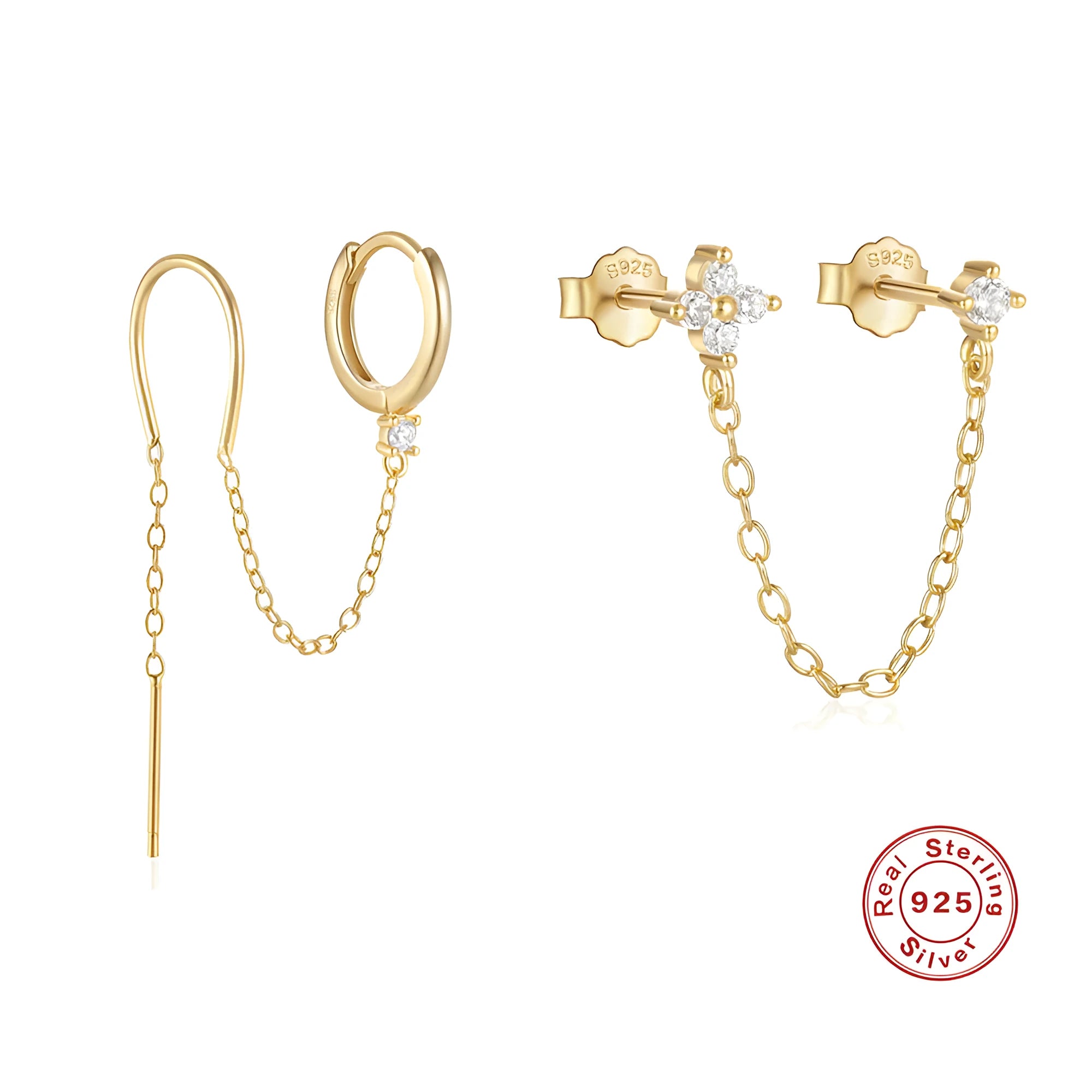S925 sterling silver flower tassel chain ear studs with geometric shape and gold electroplated finish
