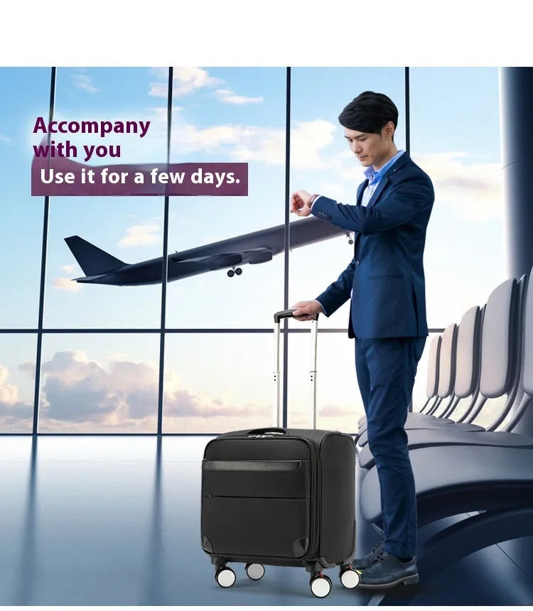 Black 18-inch Oxford cloth boarding suitcase with universal wheels and retractable handle