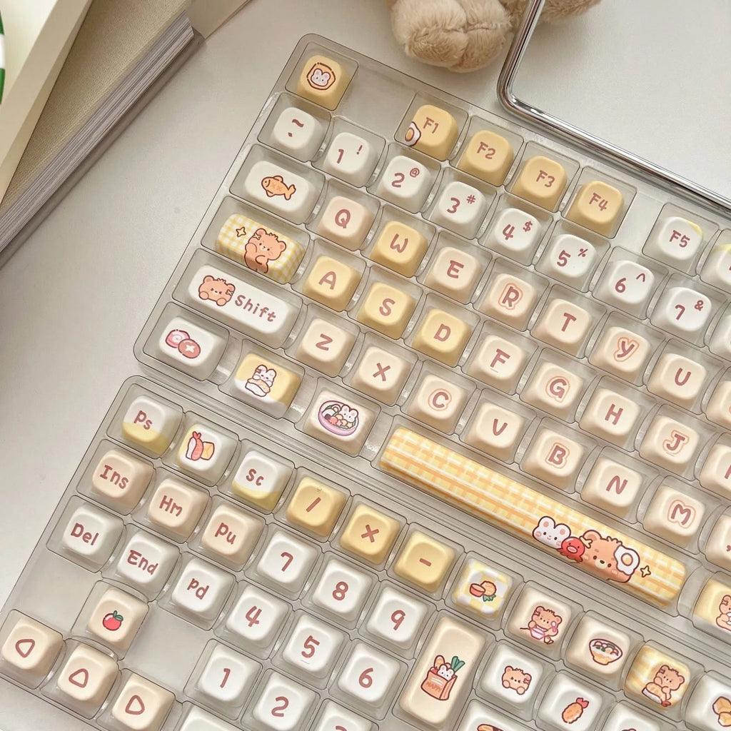 Rabbit Bear Restaurant themed mechanical keyboard keycap set with 140 PBT keys