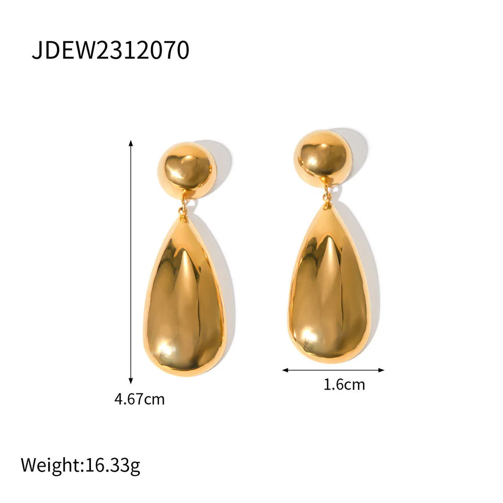 Gold stainless steel water drop pendant earrings with geometric hemisphere design for women