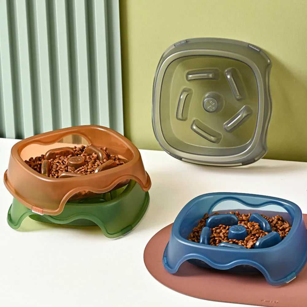 Plastic slow feed anti-choking dog bowl in blue, grey, green, or orange colour