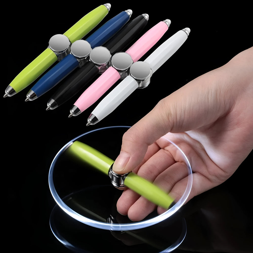Metal ballpoint pen with integrated fingertip spinner and LED lights, shown in hand