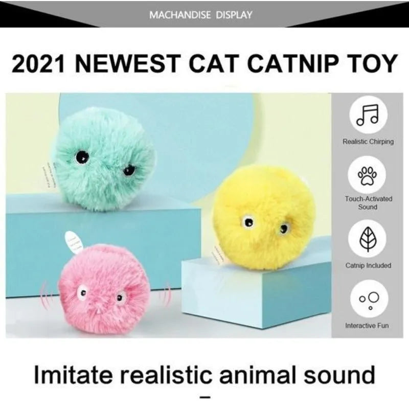 Interactive cat toy ball producing animal sounds when touched, available in blue, pink, and yellow