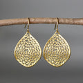 Gold colour retro leaf hollow pendant earrings with filigree openwork drop design