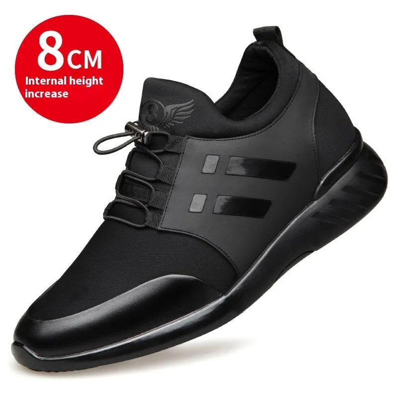 Men's black casual height increase shoes with round toe and chunky heel in leather, Lycra or mesh options