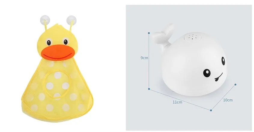 Electric whale-shaped baby bath toy with water spray, LED lights, and automatic water sensor