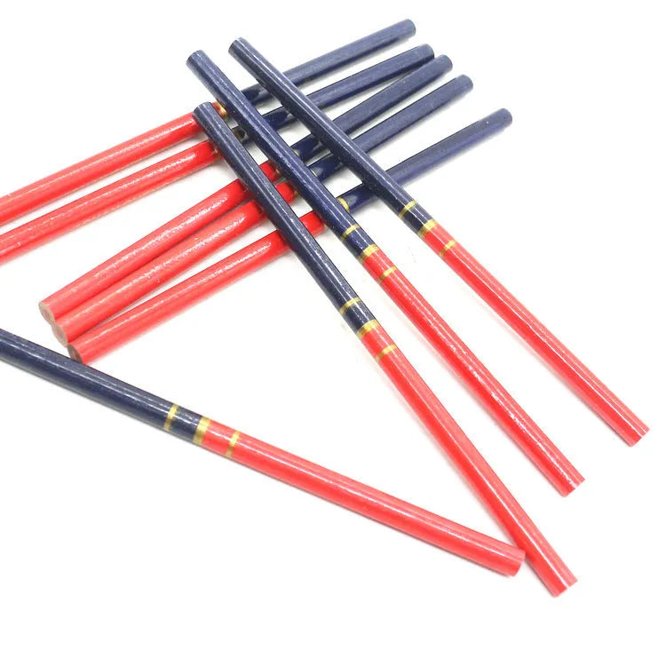 Ten red and blue two-colour round wooden carpenter's pencils for building site marking