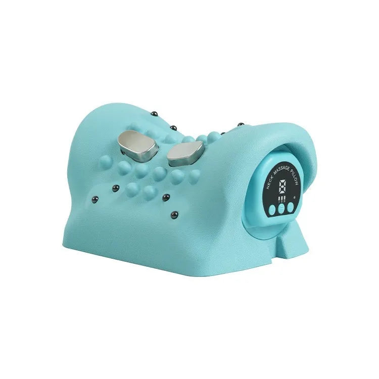 Blue-green portable EMS shoulder and neck massage pillow showing compact size