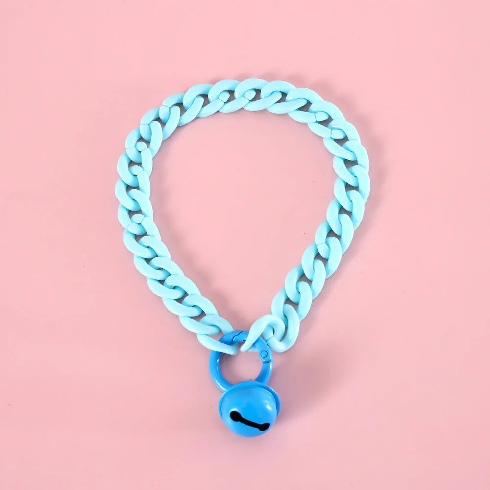 Macaron candy colour plastic chain collar for pets in blue, pink, and mixed colours with S and M size tags.