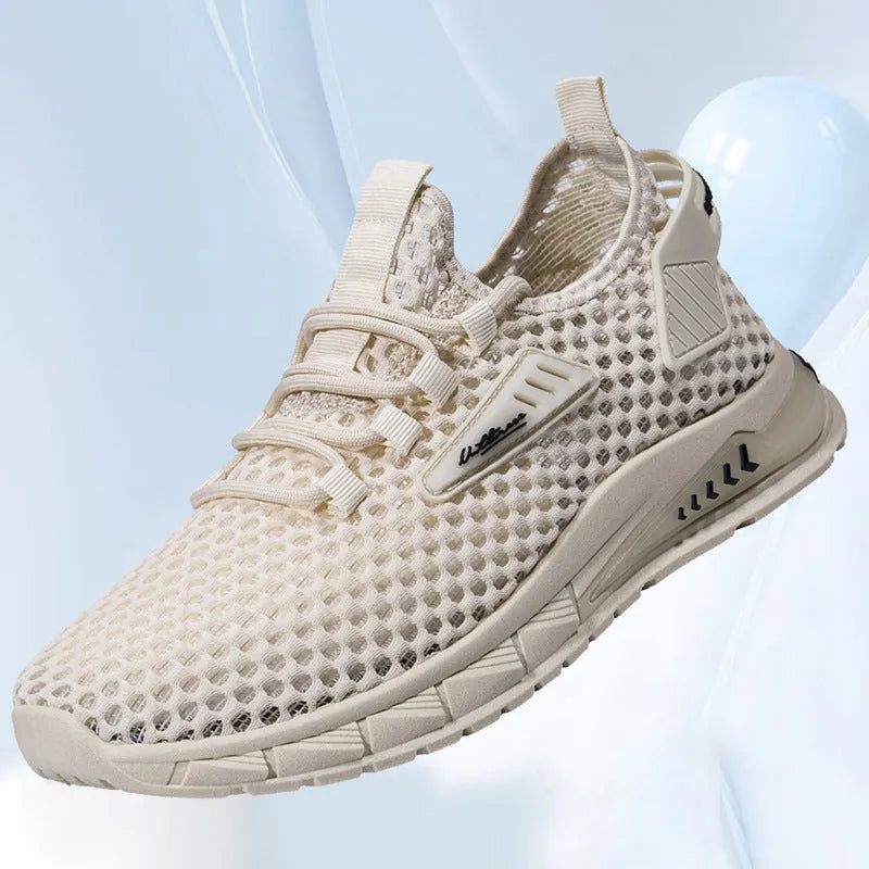 Men's beige casual sneaker with synthetic leather upper, mesh lining, and flat EVA sole on a plain background.