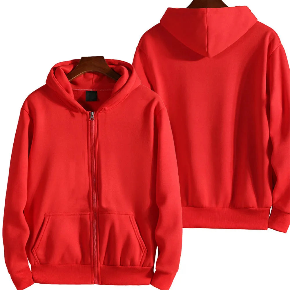 Men's solid colour loose fit zip-front sports jacket on a hanger.