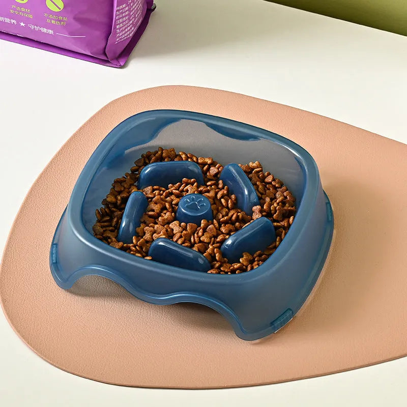 Plastic slow feed anti-choking dog bowl in blue, grey, green, or orange colour