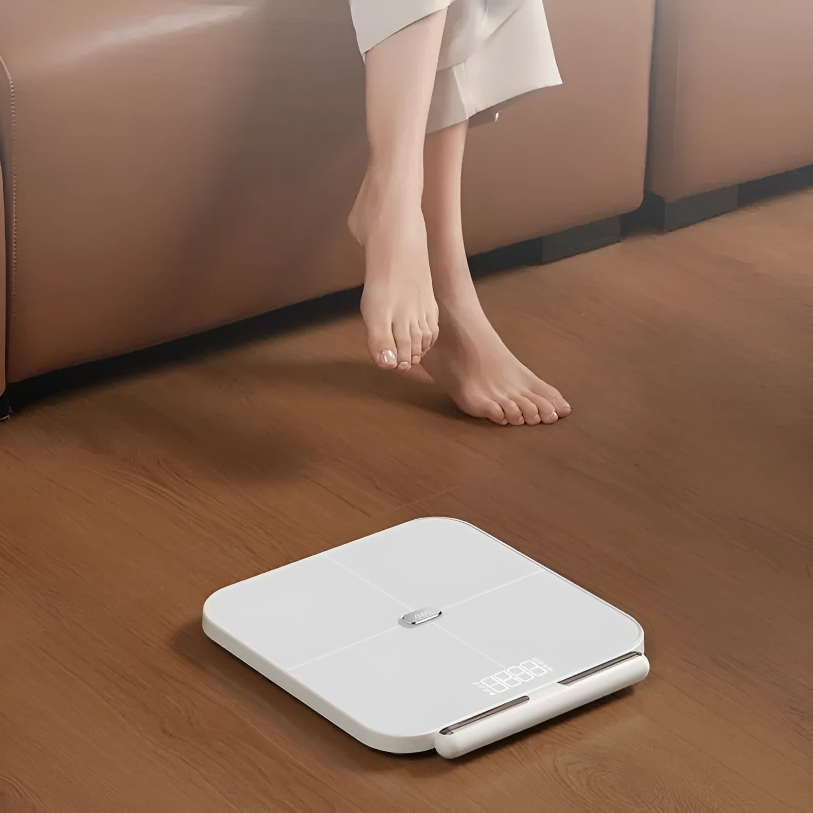 White professional body fat scale with eight electrodes and tempered glass platform
