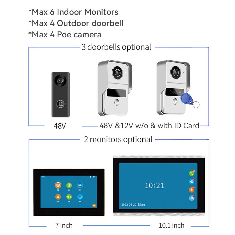 10-inch wireless video intercom doorbell system with outdoor unit and indoor monitor