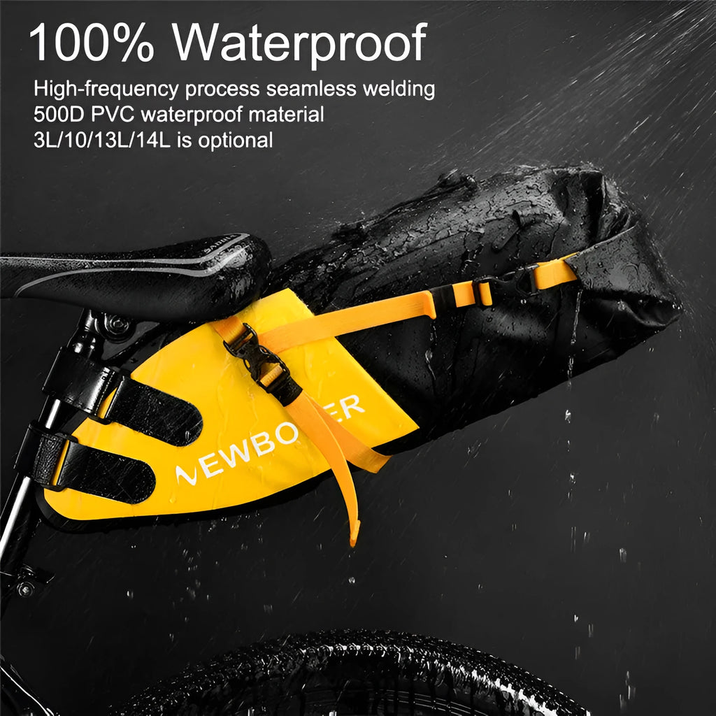 Large waterproof PVC bicycle tail bag in yellow with 13 litre capacity for outdoor cycling storage