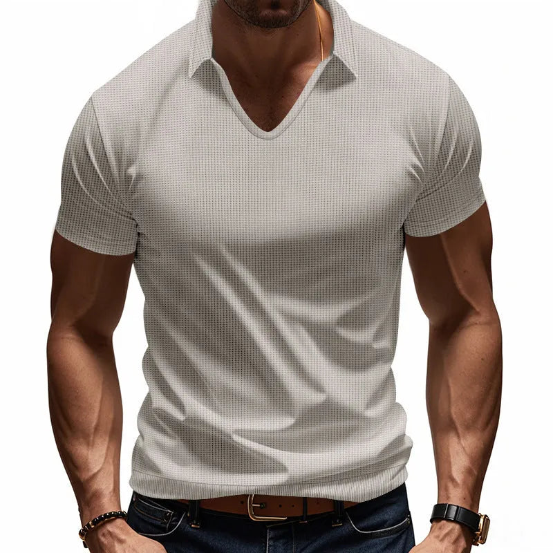 Men's loose fit V-neck short sleeve T-shirt in a light blue cotton blend fabric