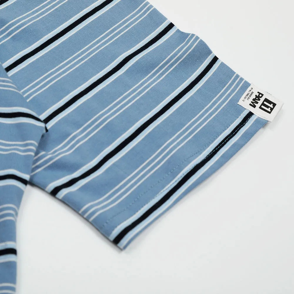 Blue stripe vintage short-sleeved polo shirt with loose fit on mannequin