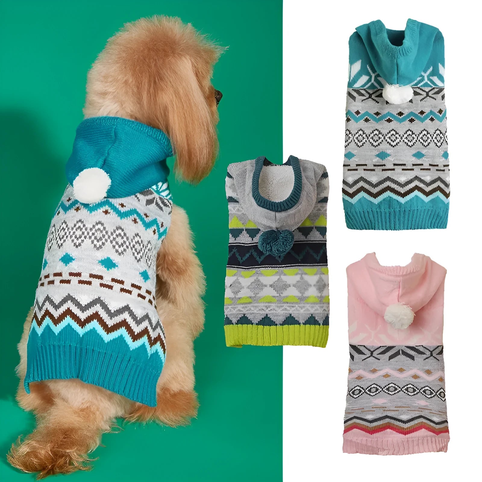 Acrylic knit pet sweater with woven diamond pattern in blue, green, or pink colour for dogs and cats