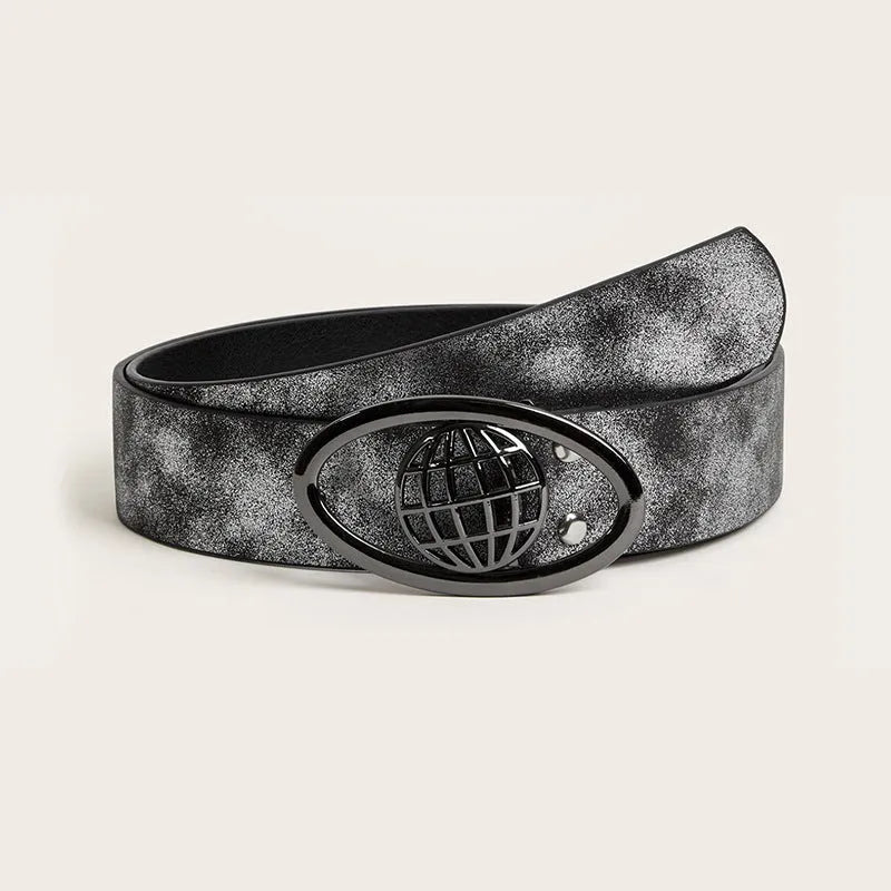 Women's vintage oval buckle belt in grey PU leather with thick width and alloy fastening