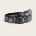 Women's vintage oval buckle belt in grey PU leather with thick width and alloy fastening