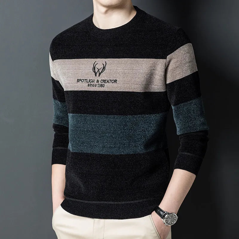Dusted chenille men's knit sweater pullover in blue with round collar and long sleeves, fleece lined, available in sizes M to 4XL