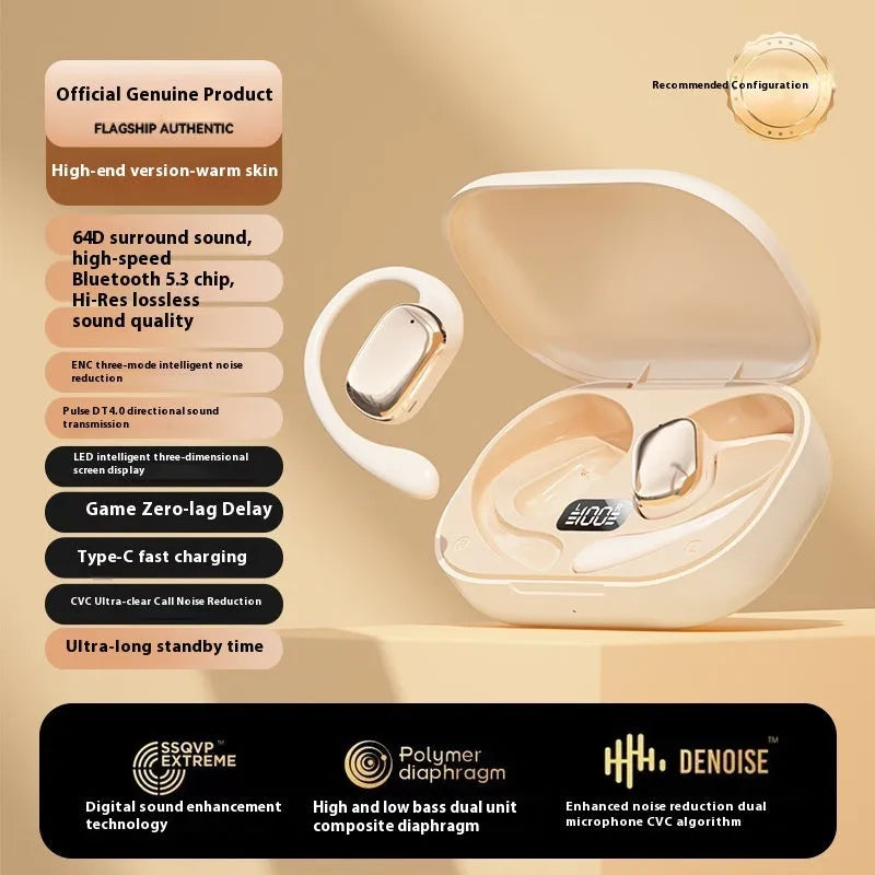 Ear-mounted headphones with digital display screen in black, skin colour, or white colour options