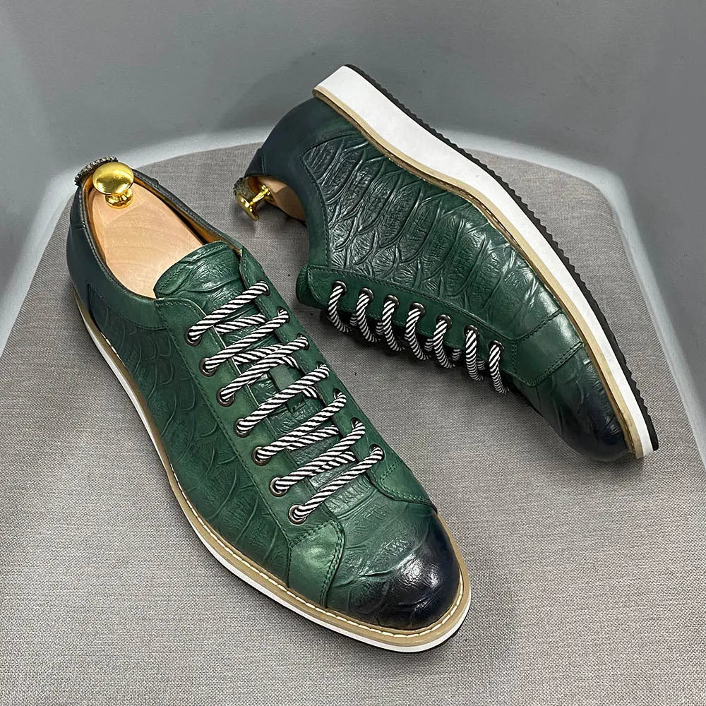 Men's embossed pattern canvas shoes with front tie closure in low tube height design