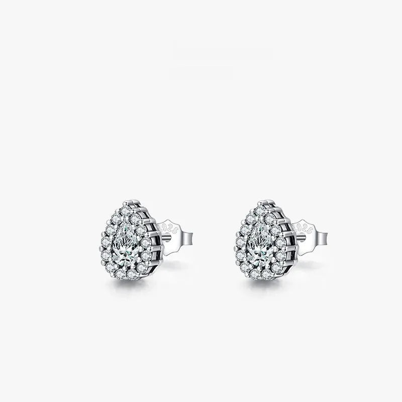 A pair of women's silver drop-shaped ear studs made from 925 sterling silver.
