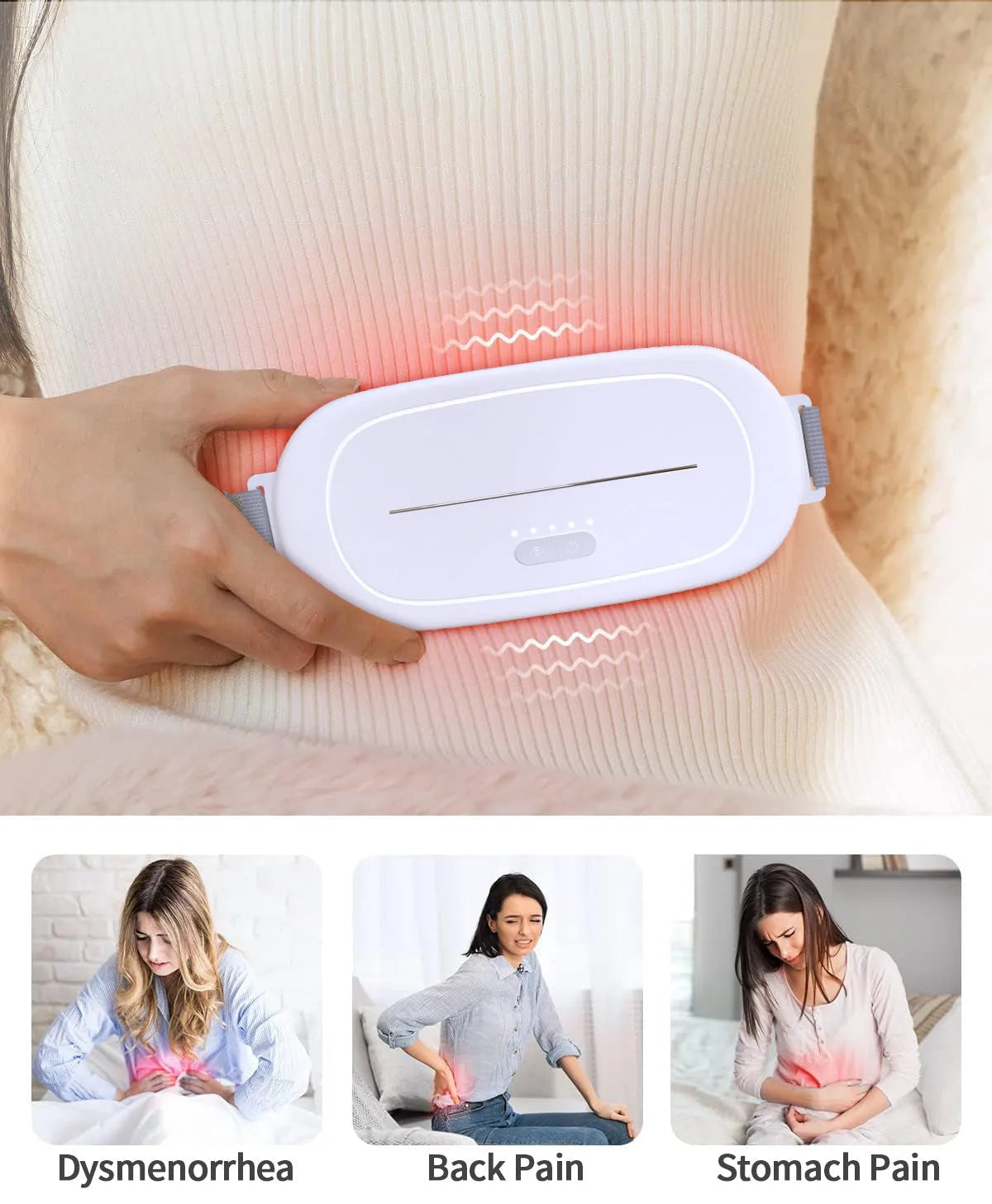 White uterine warming device for women's abdominal wellness with adjustable temperature settings
