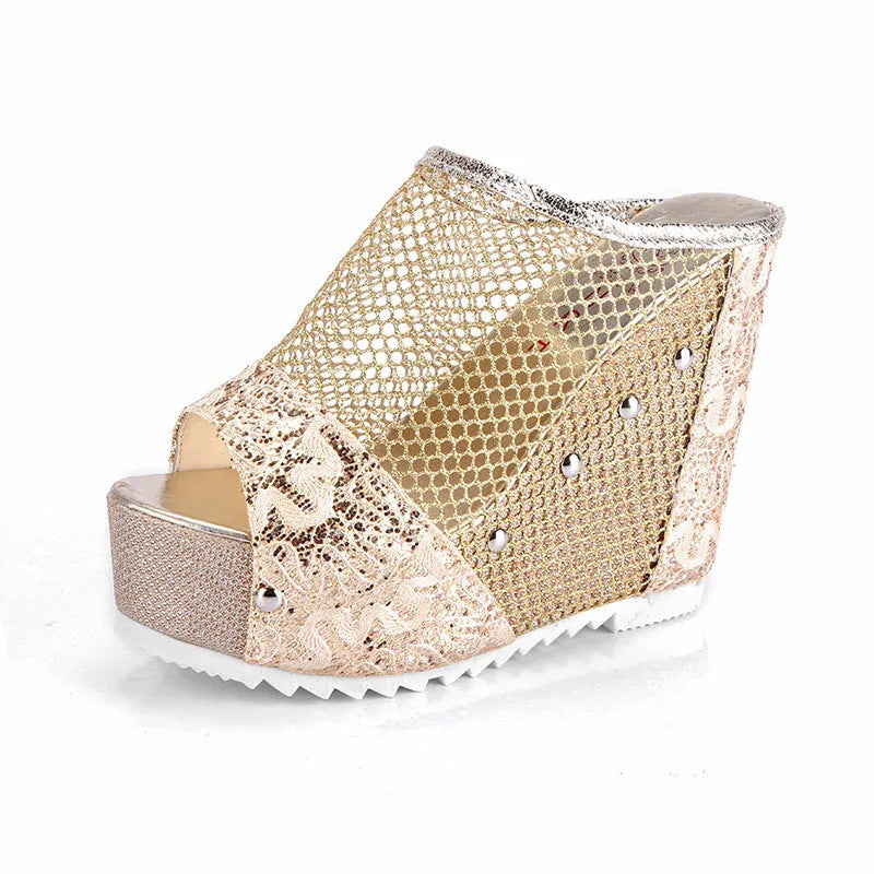 Korean platform flip flops with hollowed-out heel, chunky waterproof sole, and mesh upper in black colour