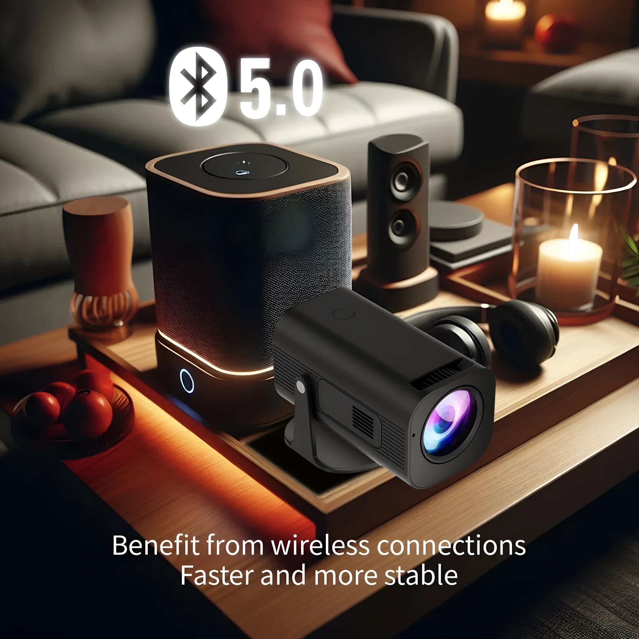 Black P330 portable mini projector with remote control on table displaying HD projection