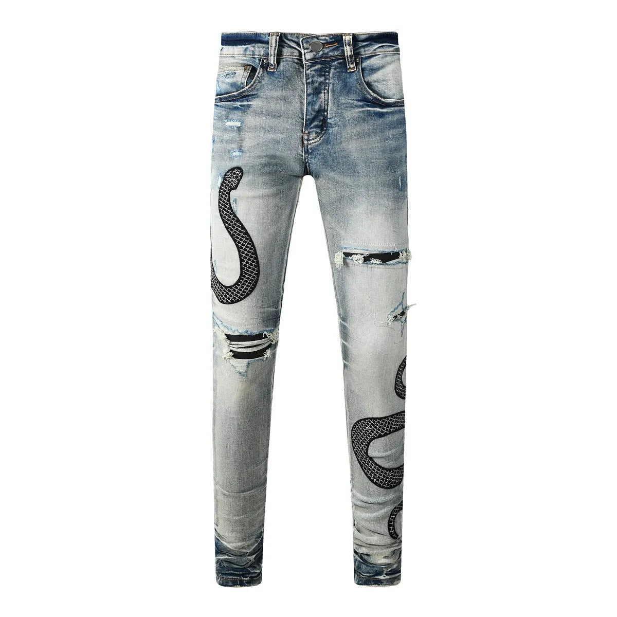 Blue distressed skinny jeans with a mid-waist and button-fly opening on a neutral background.