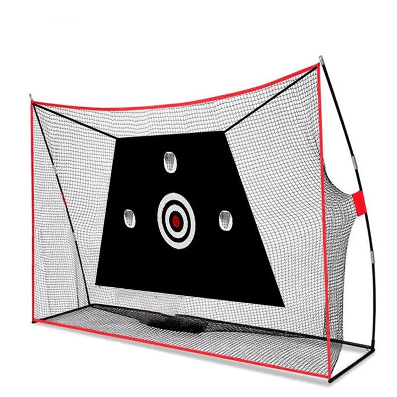 Golf wedge training net with 3-hole cross design, straw practice mat, tees, and practice balls