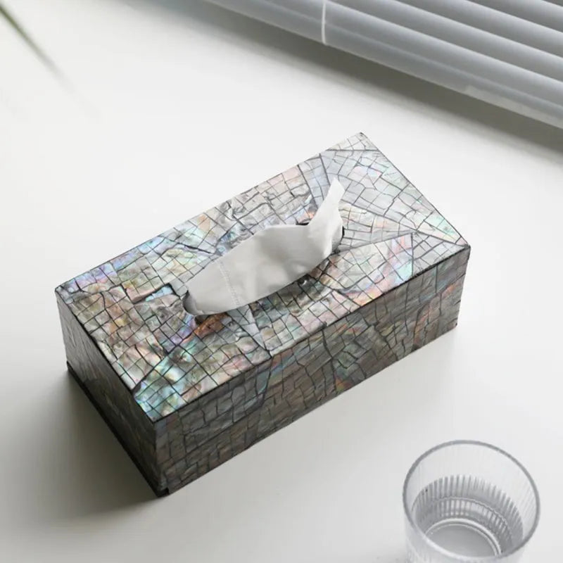 Natural shell tissue box with removable organisation compartments in modern simplicity design