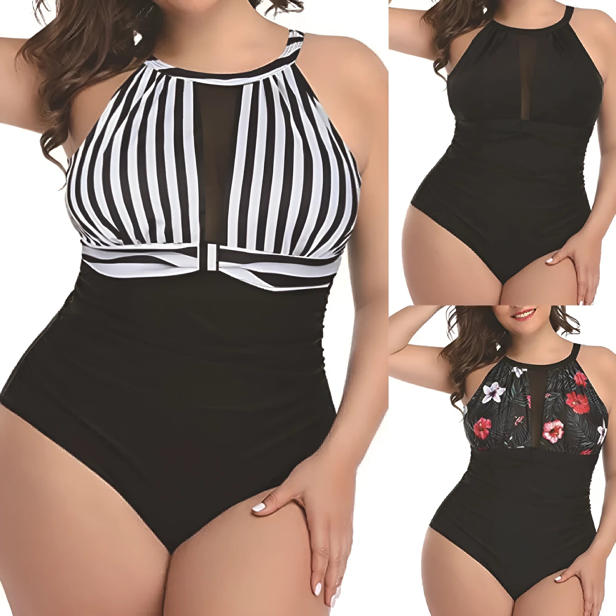 Women's solid colour one-piece swimsuit with lace detail in black, red flower, or stripe patterns.