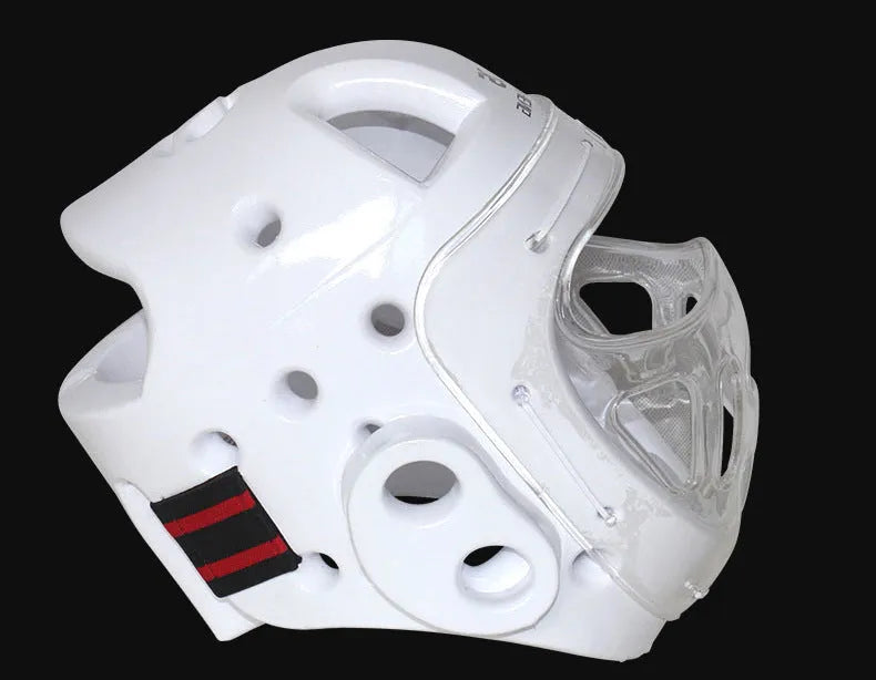 Karate helmet protective equipment in white blue red colours with S M L XL sizing for boxing head protection