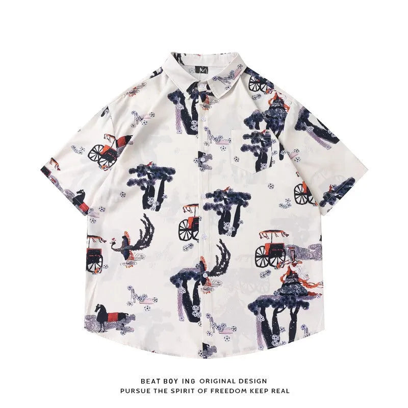 Man wearing a loose-fit short sleeve shirt with a full floral print pattern.